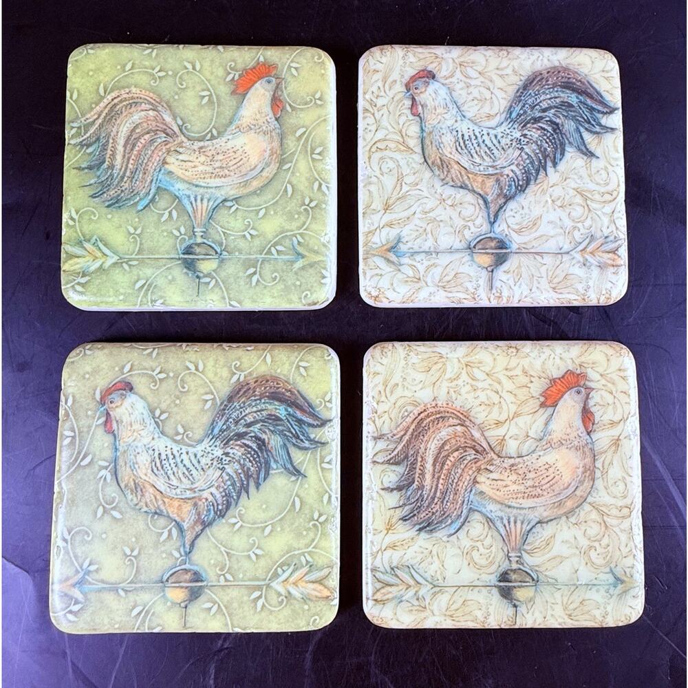 French Country Rooster Coasters Stone Set of 4 Cork Back Farmhouse Kitchen